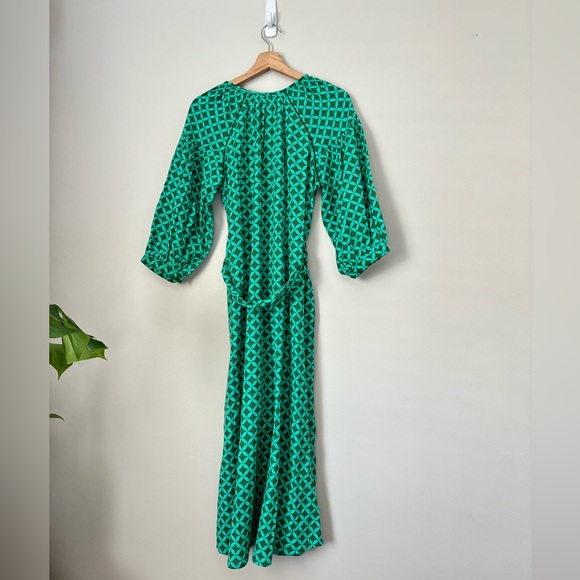ITAMI Green Geometric Print Boho Style Belted Midi Button Linen Blend Dress - Picture 5 of 11